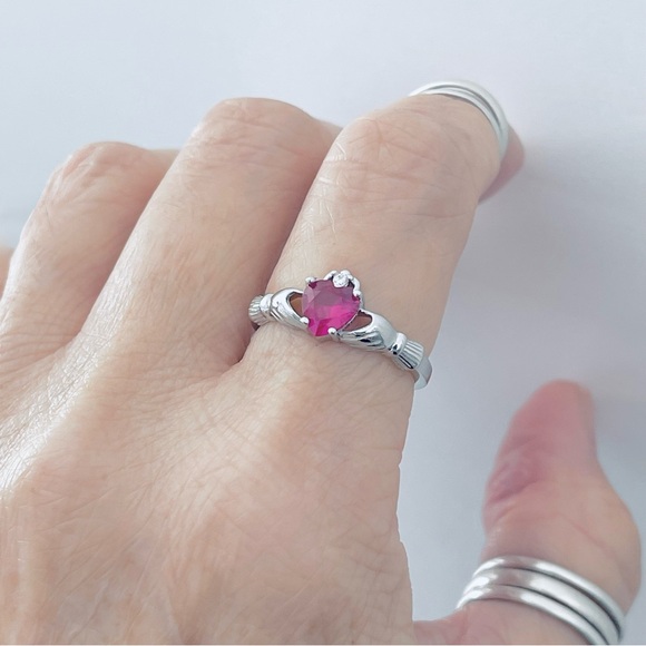 Sterling Silver Ruby CZ Heart Claddagh Ring, Silver Rings, July Birthstone, - Picture 2 of 12